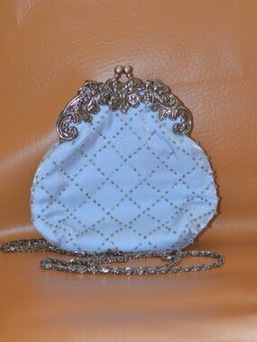 Jessica McClintock Blue Satin Beaded Kiss Lock Bag Regency Style | Bridgerton